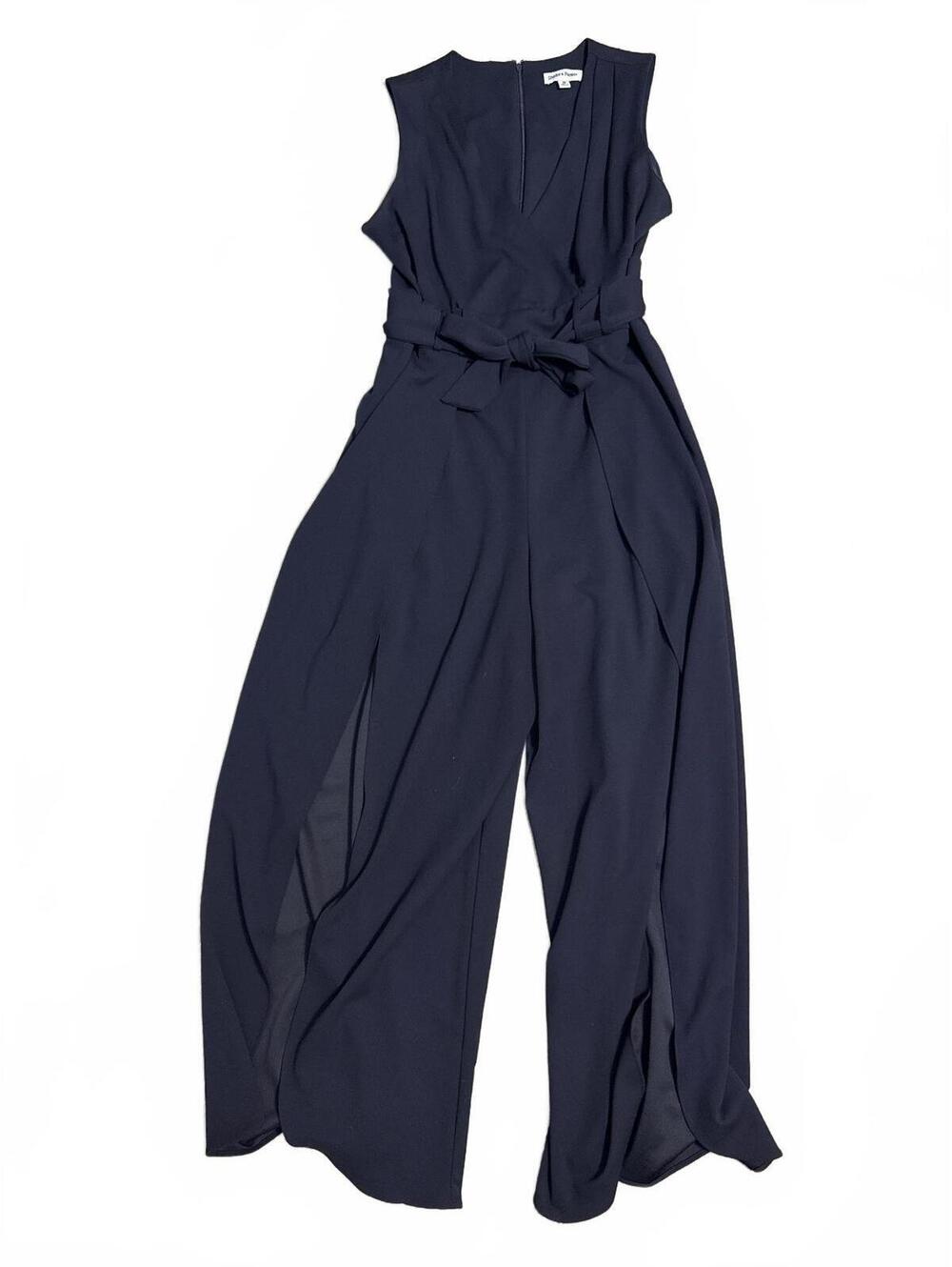 Shelby & Palmer Navy Blue Slit Leg Jumpsuit Size 16 V-Neck Wide Leg Tie Waist